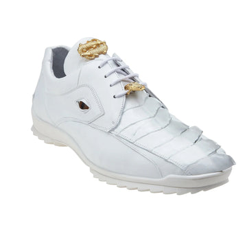 Men's Belvedere Vasco Calf & Crocodile Hornback Tail Sneaker in White 1 MEN 336122 WHITE-M-08  - from alligatorwarehouse.com