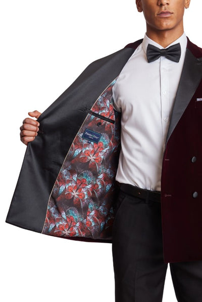Double Breasted Tuxedo - Velvet Dinner Jacket with Pants in Color Maroon 6   - from alligatorwarehouse.com