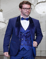 Blue Prom Suit - Blue Homecoming Outfits For Guys with Velvet Lapel and Vest in Sapphire Blue Blue Prom Tuxedos