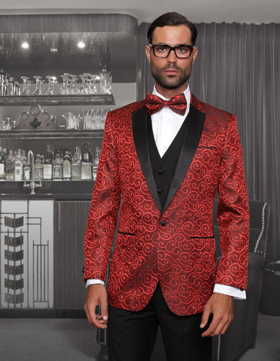 Mens Vested Swirl Patter Notch Lapel Tuxedo in Red 1 BELLAGIO_RED_40S  - from alligatorwarehouse.com