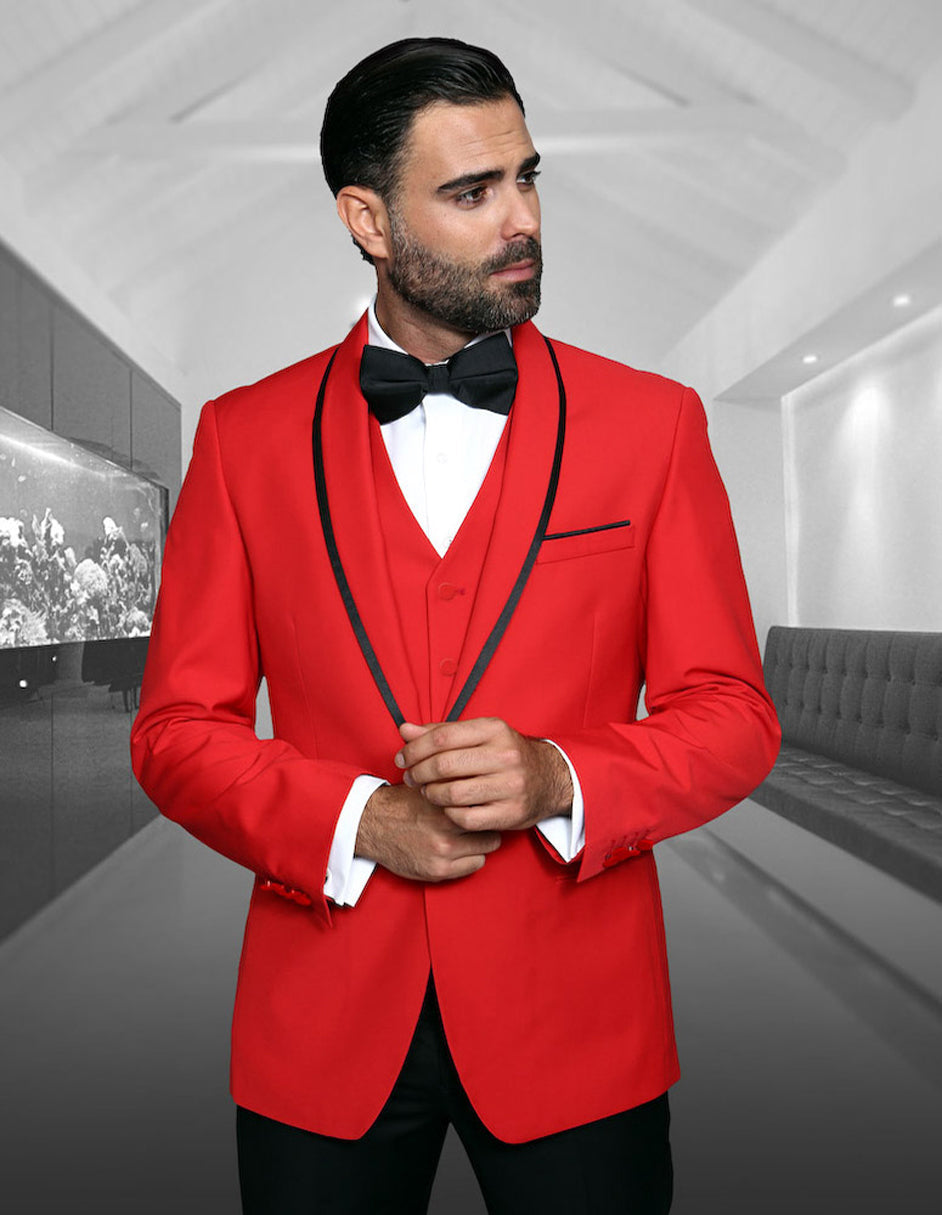 Mens Vested Wool Tuxedo in Shawl Lapel with Satin Trim in Red & Black 1 GENOVA_RED_36S  - from alligatorwarehouse.com