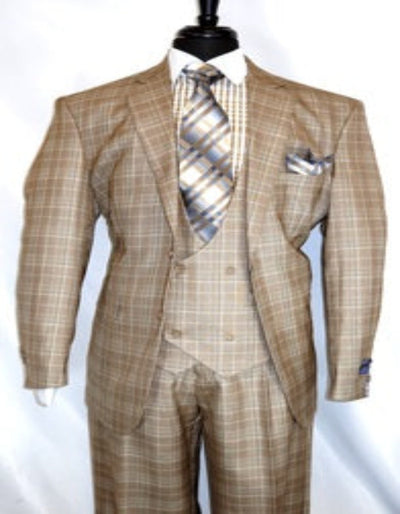 Plaid Suit For Summer - Khaki Color Suit - Camel Suit With Double Breasted Vest in Dark Tan Color 1 MX-2620  - from alligatorwarehouse.com