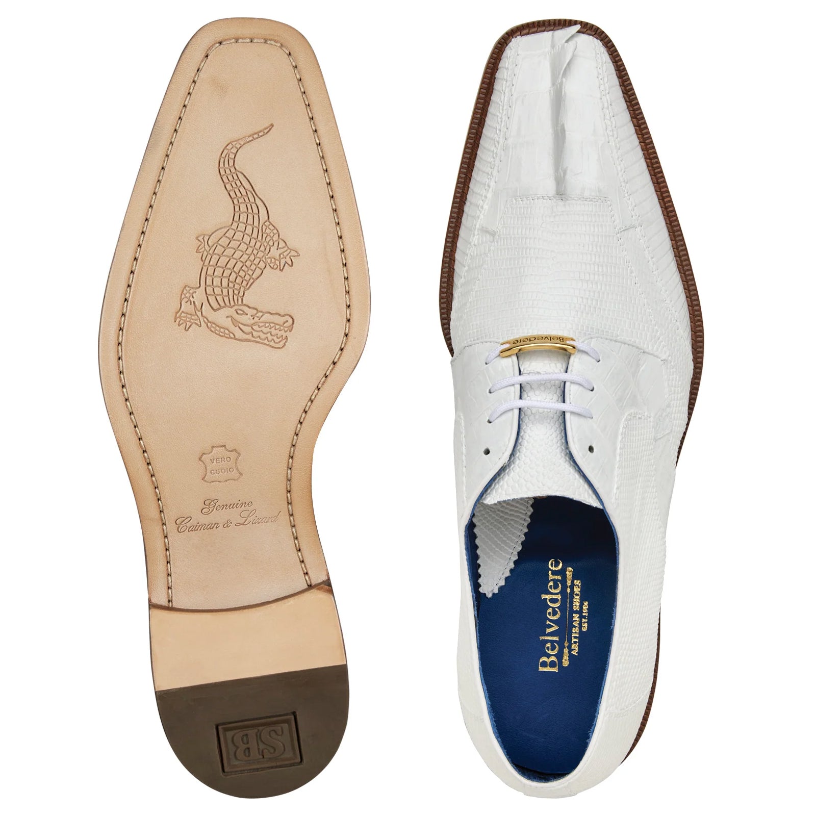 Men's Belvedere Valter Lizard & Crocodile Hornback Tail Dress Shoe in White