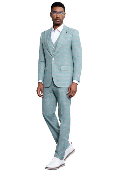 Men's Stacy Adams Vested Peak Lapel Light Turquoise Green Plaid Prom & Wedding Suit 4 SM182H1-01-38R  - from alligatorwarehouse.com