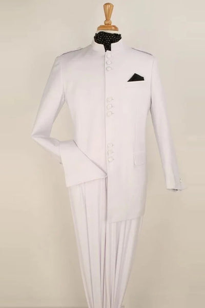 White Wedding Suit For Men - Perfect For Groom - Mens Classic Military Banded Collar Mandarin Safari Suit In White 1   - from alligatorwarehouse.com