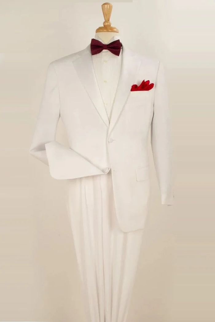 All White Mens Tuxedo -  Wedding Suit - Mens Classic Fit 2 Button Pleated Pant Rayon Fabric Tuxedo In White