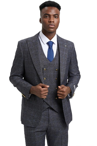 Men's Stacy Adams Peak Lapel Suit with Double Breasted Vest in Charcoal Grey Windowpane Plaid 3 SM163H1-12-38R  - from alligatorwarehouse.com