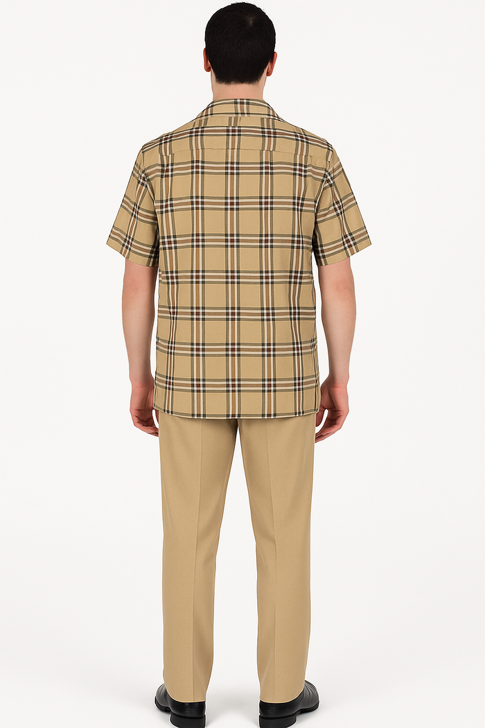 Beige Check Button Shirt for Men – Casual Plaid Design