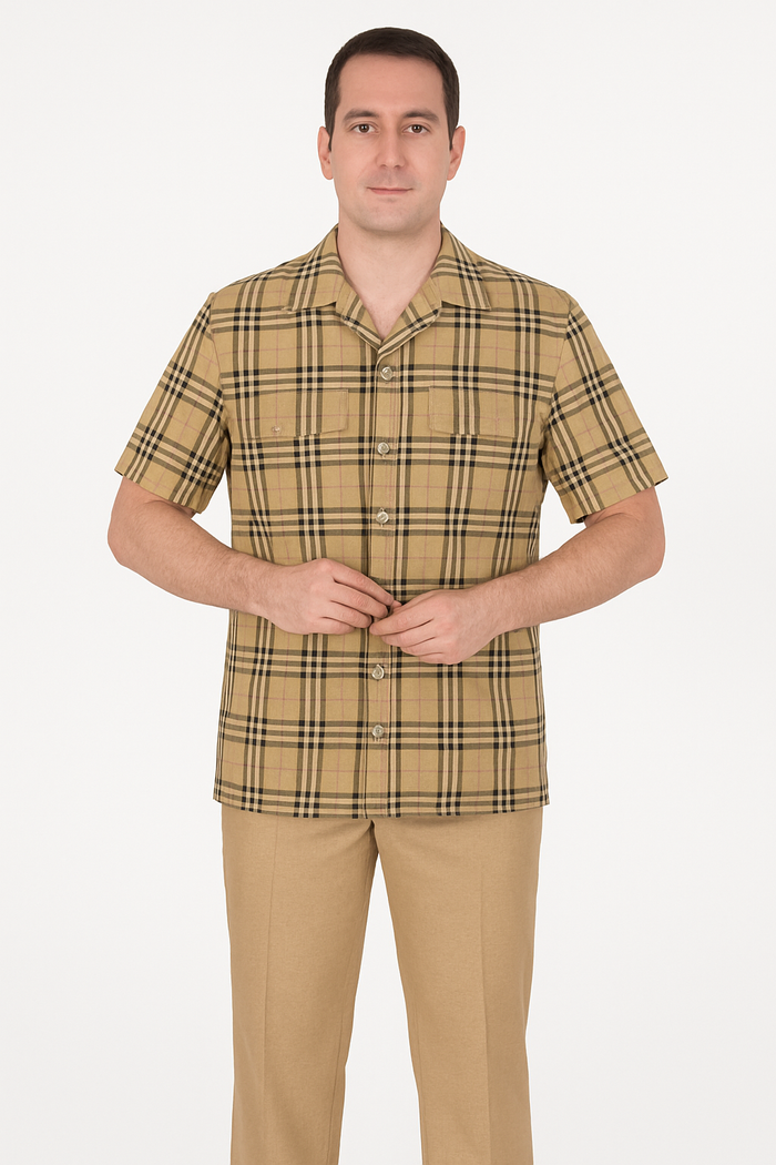 Beige Check Button Shirt for Men – Casual Plaid Design