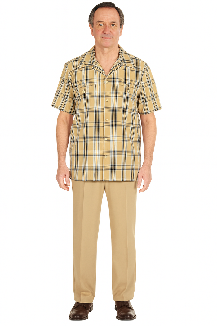 Beige Check Button Shirt for Men – Casual Plaid Design
