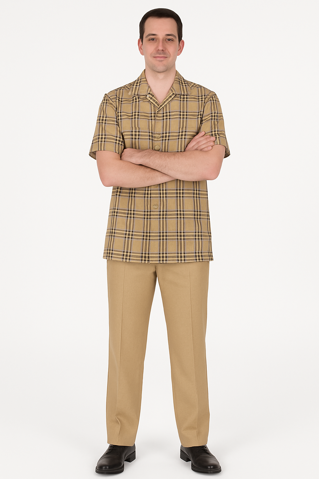 Beige Check Button Shirt for Men – Casual Plaid Design