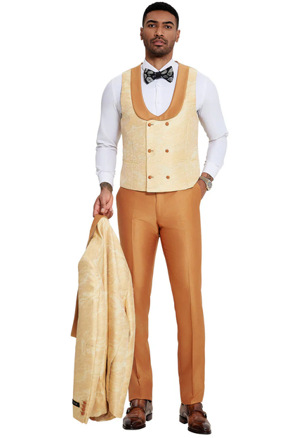 Mens Slim Fit Vested Wedding Prom Shawl Lapel Paisley Tuxedo in Gold