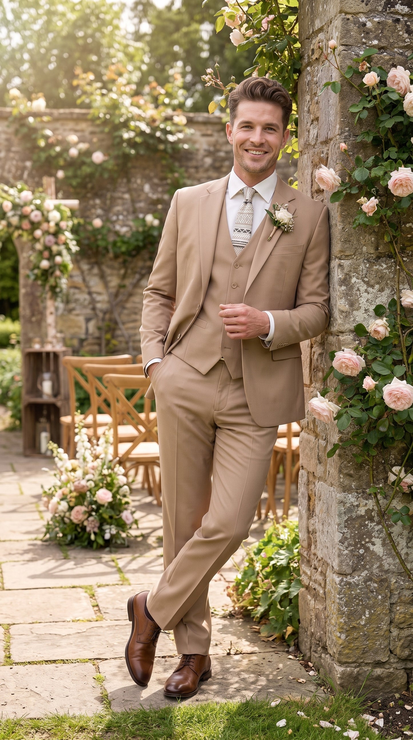 Apollo King Men’s Camel Classic Fit Vested Suit, 3 Piece Formal Wedding Business Dress Suit