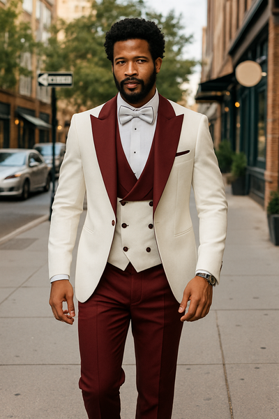 Hilton White and Burgundy Paisley Peak Lapel Tuxedo Jacket with Matching Shawl Vest and Wool Pants – Includes Bow Tie 4   - from alligatorwarehouse.com