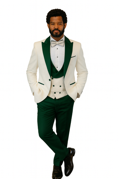 Hilton White and Hunter Green Paisley Peak Lapel Tuxedo Jacket with Matching Shawl Vest and Wool Pants – Includes Bow Tie 9   - from alligatorwarehouse.com