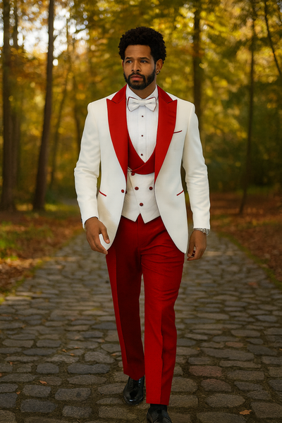 Hilton White and Red Paisley Peak Lapel Tuxedo Jacket with Matching Shawl Vest and Wool Pants – Includes Bow Tie 3   - from alligatorwarehouse.com