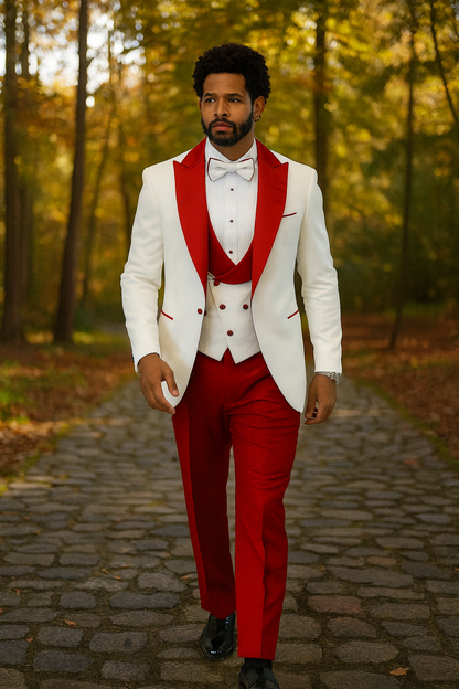 Hilton White and Red Paisley Peak Lapel Tuxedo Jacket with Matching Shawl Vest and Wool Pants – Includes Bow Tie