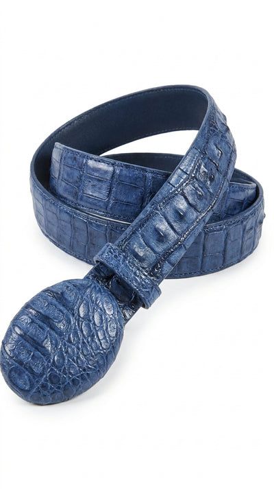 Men’s Navy Blue Caiman Crocodile Western Belt – Exotic Cowboy Belt with Matching Buckle Detail