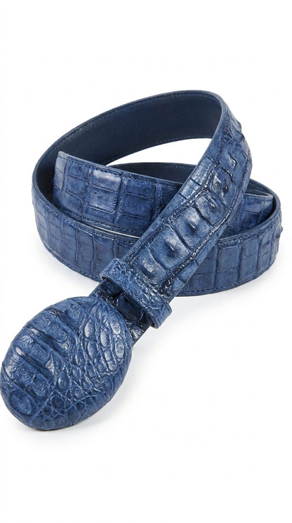 Men’s Navy Blue Caiman Crocodile Western Belt – Exotic Cowboy Belt with Matching Buckle Detail