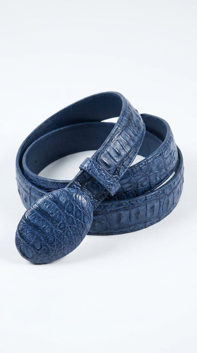 Men’s Navy Blue Caiman Crocodile Western Belt – Exotic Cowboy Belt with Matching Buckle Detail