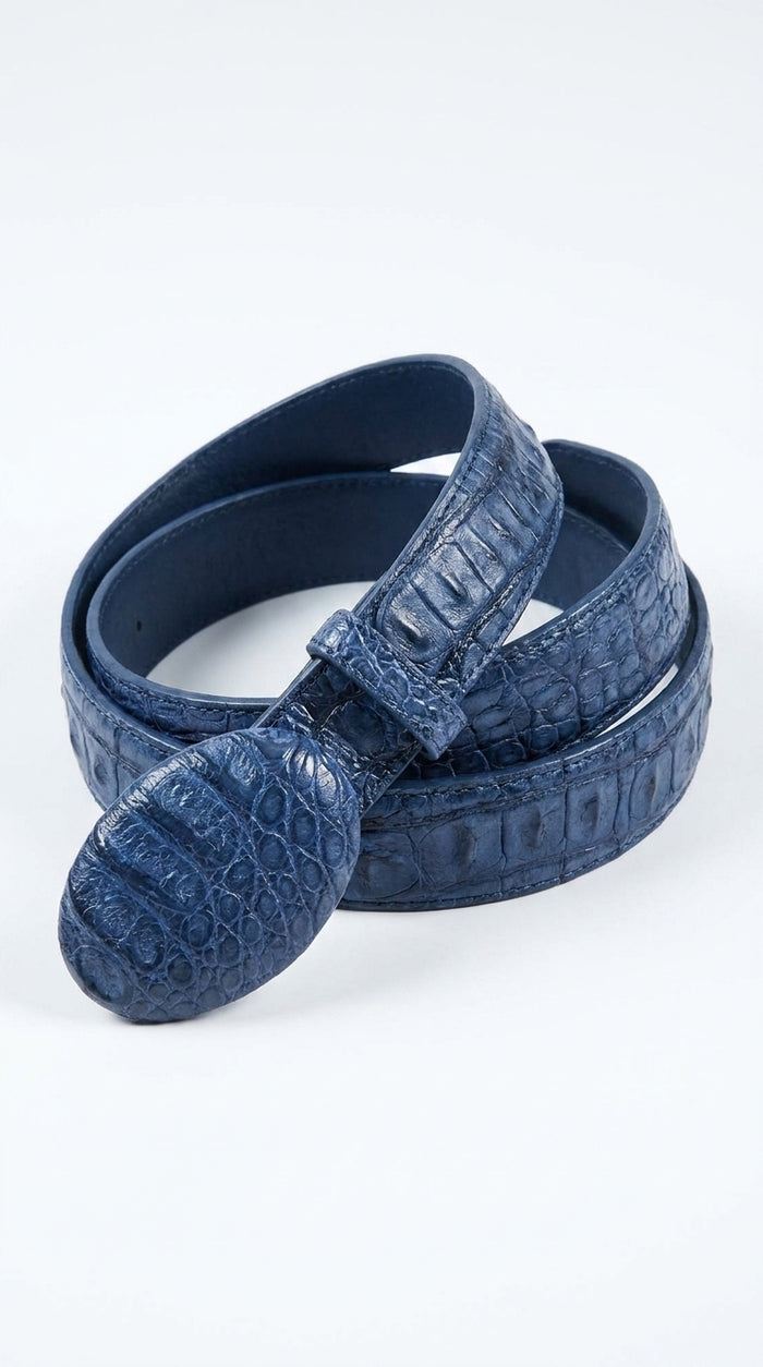Men’s Navy Blue Caiman Crocodile Western Belt – Exotic Cowboy Belt with Matching Buckle Detail