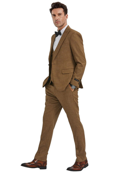 Men's Slim Fit One Button Peak Lapel Suit with Double Breasted Vest in Camel Sharkskin 2 LF-1518  - from alligatorwarehouse.com