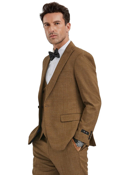 Men's Slim Fit One Button Peak Lapel Suit with Double Breasted Vest in Camel Sharkskin 1 LF-1518  - from alligatorwarehouse.com