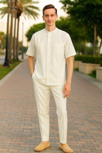 Mens White Banded Collar Two-Piece Set – Short Sleeve Shirt and Pants Banded Collar Linen Fabric 5   - from alligatorwarehouse.com