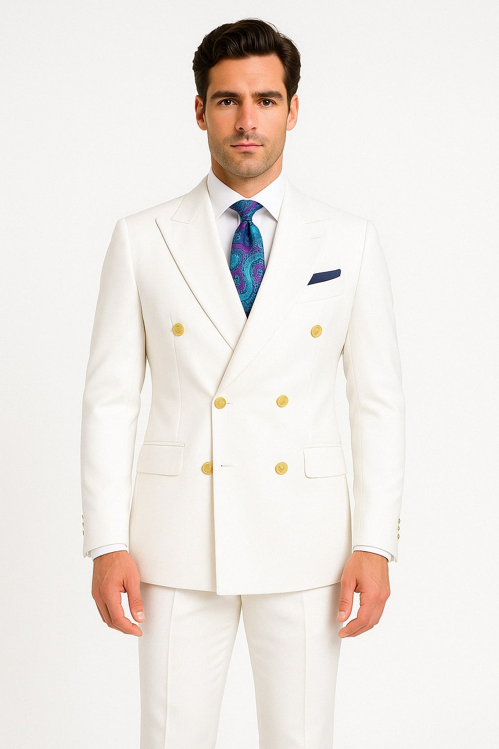 Mens White Double-Breasted Suit with Gold Buttons ƒ?? Formal Slim Fit 2-Piece Set