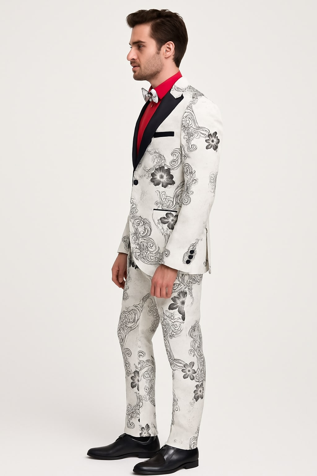 Mens White Floral Tuxedo with Black Lapel – 3-Piece Designer Prom Suit Wedding Suit 2   - from alligatorwarehouse.com