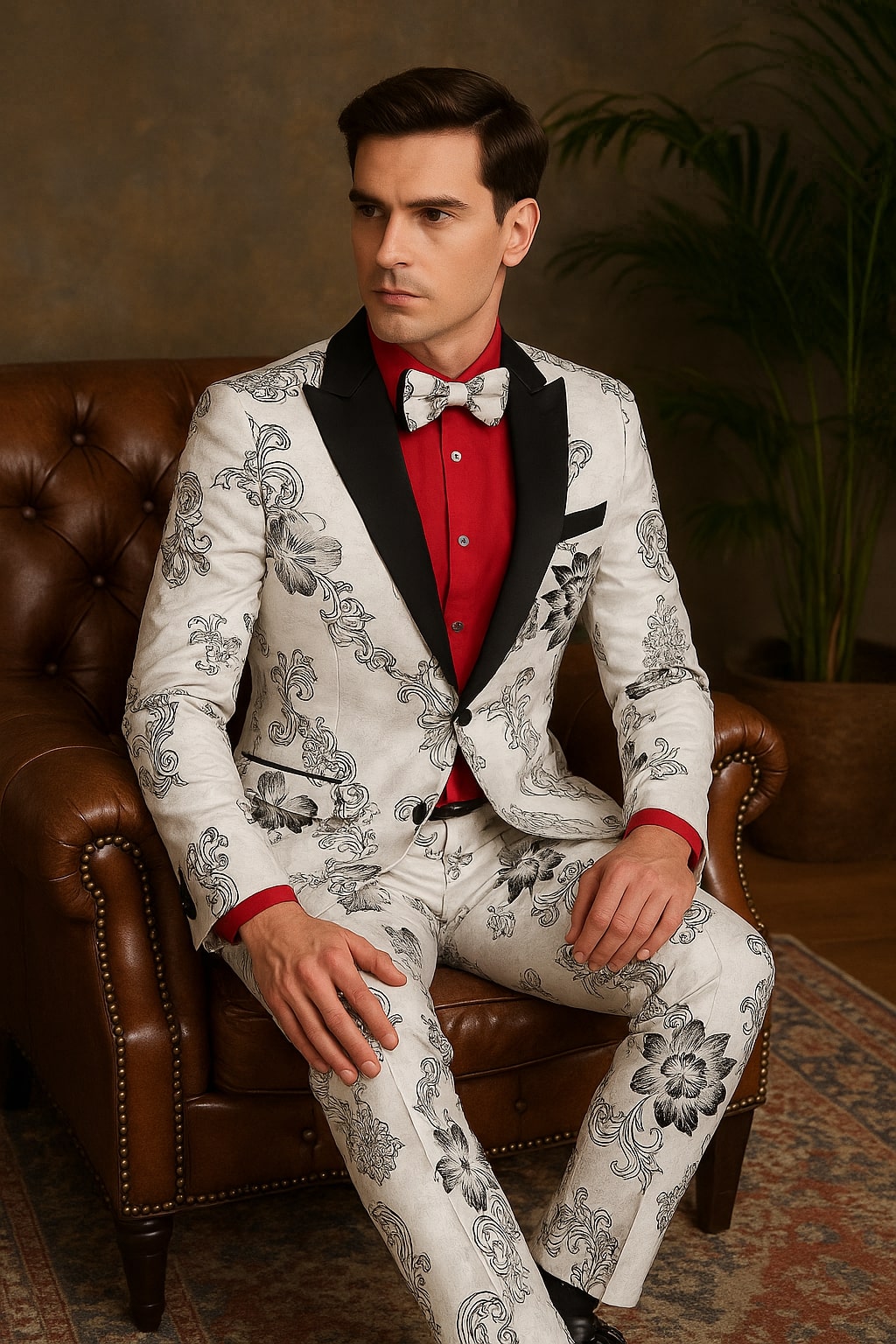 Mens White Floral Tuxedo with Black Lapel – 3-Piece Designer Prom Suit Wedding Suit 3   - from alligatorwarehouse.com