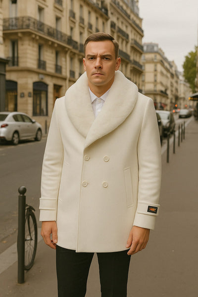 Mens White Peacoat Double-Breasted Overcoat with Faux Fur Shawl Collar – Alberto Nardoni Collection Wool Fabric 3   - from alligatorwarehouse.com