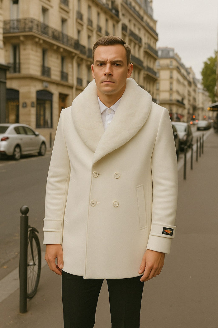 Mens White Peacoat Double-Breasted Overcoat with Faux Fur Shawl Collar – Alberto Nardoni Collection Wool Fabric