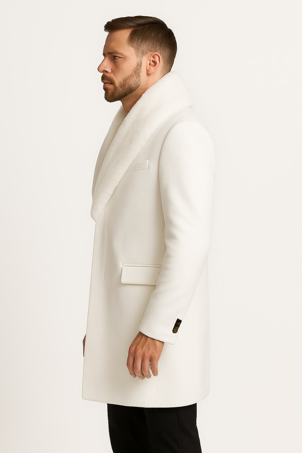 Mens White Wool Overcoat with Plush Faux Fur Shawl Collar – Alberto Nardoni Formal Winter Coat 3   - from alligatorwarehouse.com