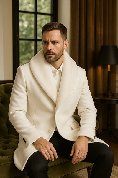 Mens White Wool Overcoat with Plush Faux Fur Shawl Collar – Alberto Nardoni Formal Winter Coat 2   - from alligatorwarehouse.com