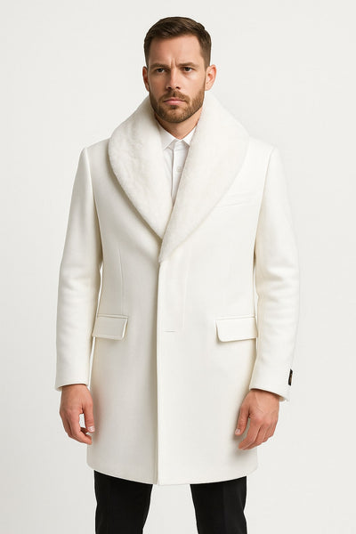 Mens White Wool Overcoat with Plush Faux Fur Shawl Collar – Alberto Nardoni Formal Winter Coat 1   - from alligatorwarehouse.com