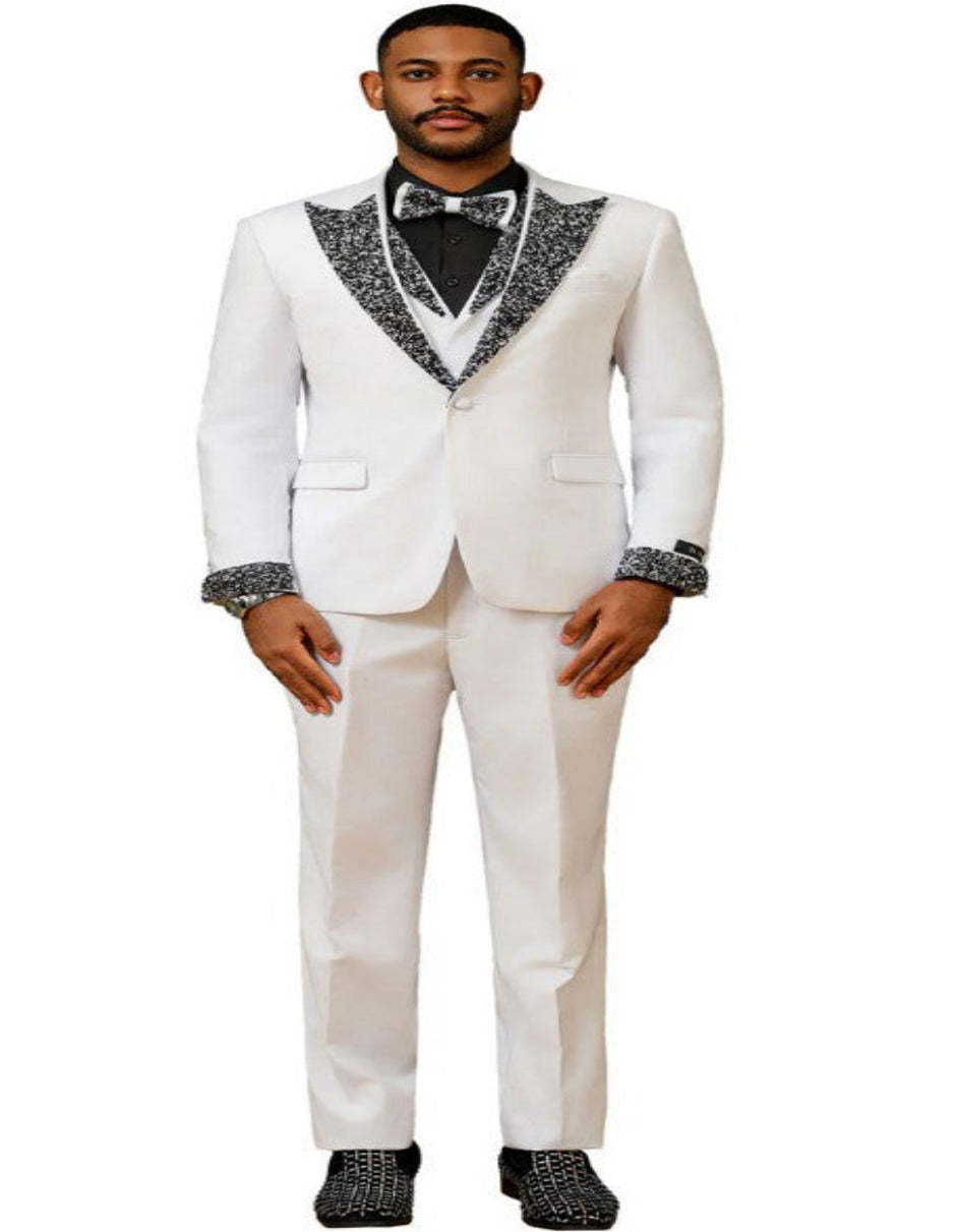 White and Black Prom Tuxedos - Perfect Wedding Suit Vested rhinestone sequin Lapelled