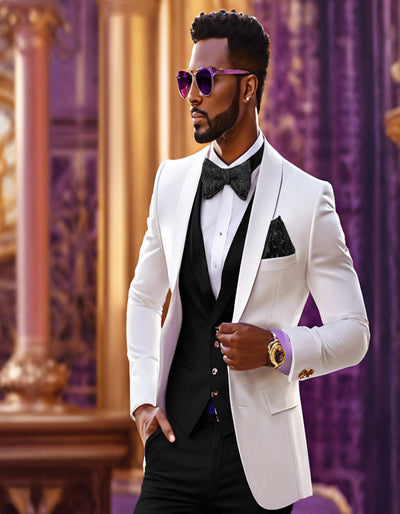White and Black Tuxedo Wedding Suit - White Dinner Jacket + Vest + Pants + Bow-tie 1   - from alligatorwarehouse.com