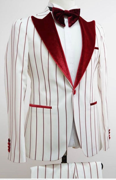 Mens White and Burgundy Pinstripe Tuxedo with Velvet Shawl Lapel and Matching Bow Tie 5   - from alligatorwarehouse.com