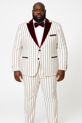 Mens White and Burgundy Pinstripe Tuxedo with Velvet Shawl Lapel and Matching Bow Tie