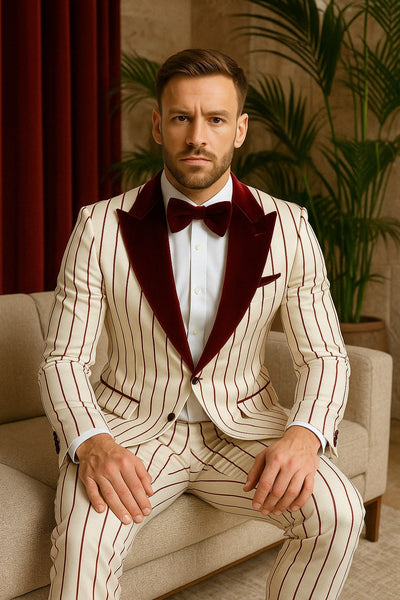Mens White and Burgundy Pinstripe Tuxedo with Velvet Shawl Lapel and Matching Bow Tie 3   - from alligatorwarehouse.com