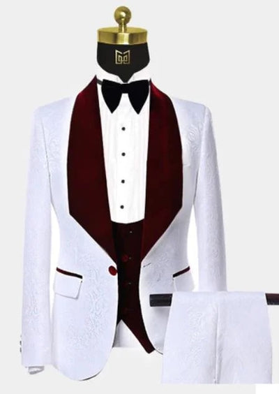 Men One Button Floral White and Burgundy Tuxedo – 3 Piece 1   - from alligatorwarehouse.com