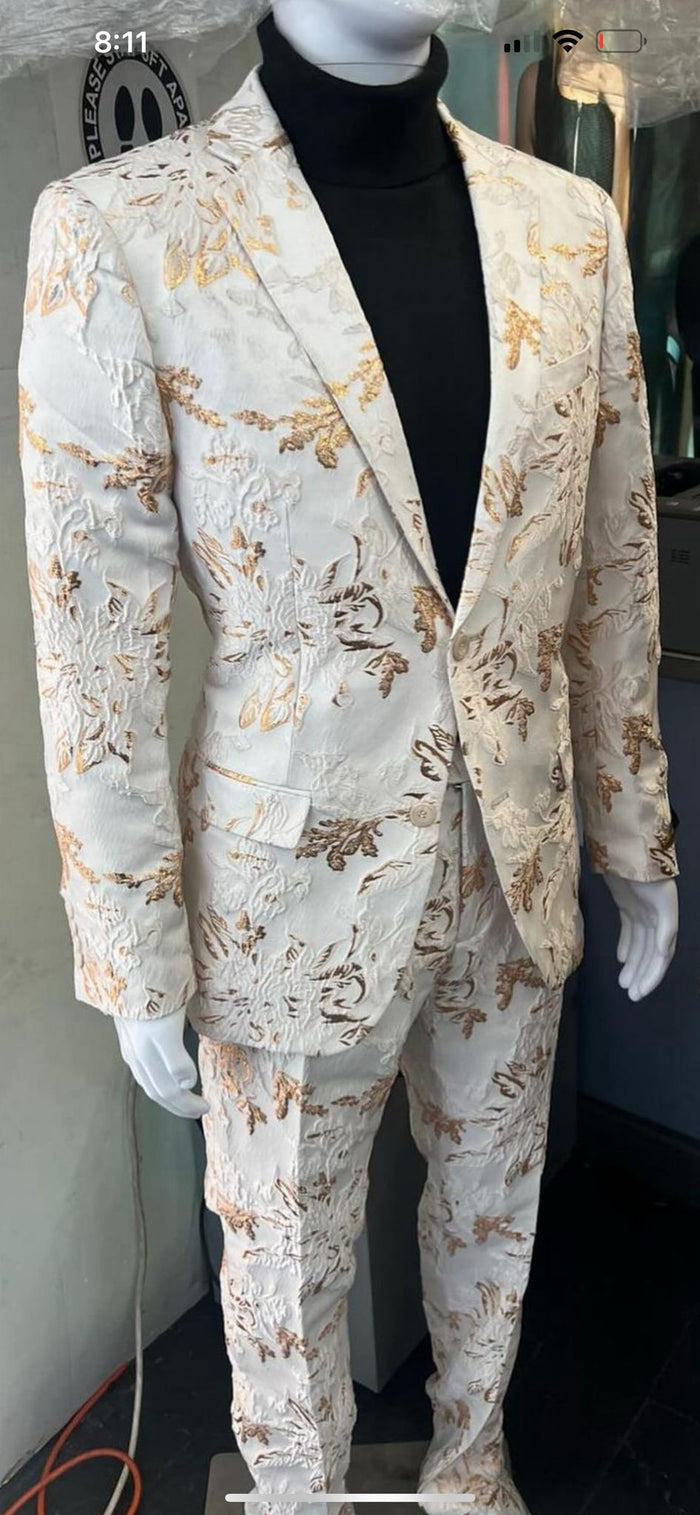 Mens White and Gold Embroidered Floral Prom Tuxedo Suit