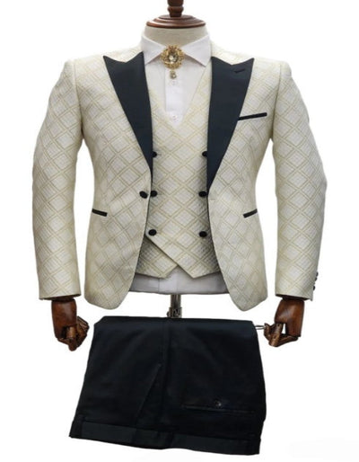 Ivory Wedding Suit - Cream Tuxedo Suit - Ivory Dinner Jacket Plus Pants White ~ Gold 1   - from alligatorwarehouse.com