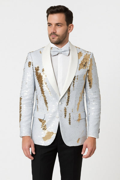 Mens White and Gold Reversible Sequin Tuxedo Jacket with Satin Lapel and Matching Bow Tie 1   - from alligatorwarehouse.com