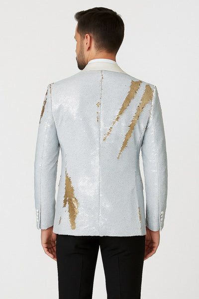Mens White and Gold Reversible Sequin Tuxedo Jacket with Satin Lapel and Matching Bow Tie 2   - from alligatorwarehouse.com
