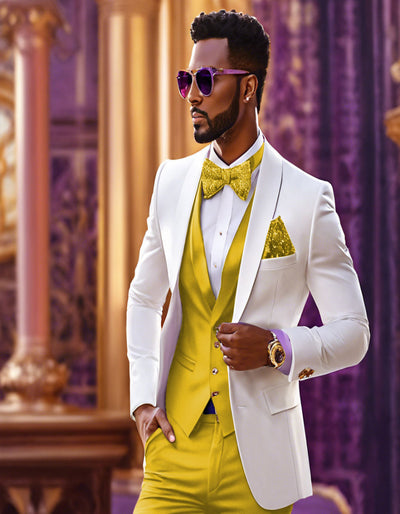 White and Gold Tuxedo Wedding Suit - White Dinner Jacket + Vest + Pants + Bow-tie 1   - from alligatorwarehouse.com