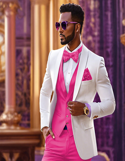 White and Hot Pink Tuxedo Wedding Suit - White Dinner Jacket + Vest + Pants + Bow-tie 1   - from alligatorwarehouse.com