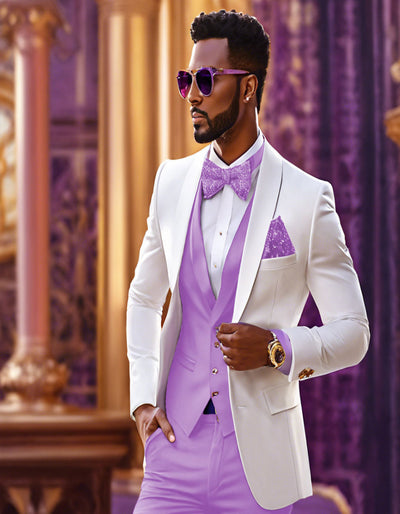 White and Lavender Tuxedo Wedding Suit - White Dinner Jacket + Vest + Pants + Bow-tie 1   - from alligatorwarehouse.com