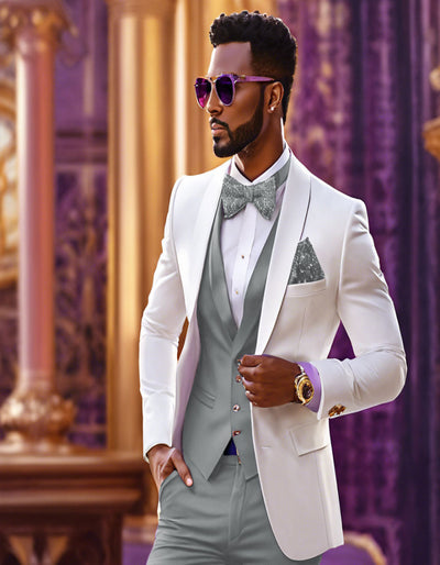 White and Light Grey Tuxedo Wedding Suit - White Dinner Jacket + Vest + Pants + Bow-tie 1   - from alligatorwarehouse.com